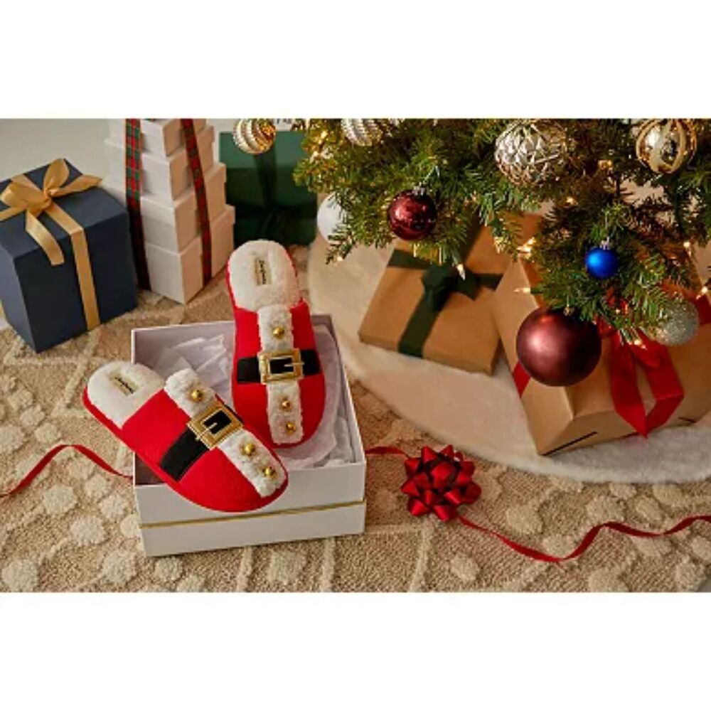 Dearfoams Santa Red Buckle Novelty Scuff Slippers M 11-12 W 13-14